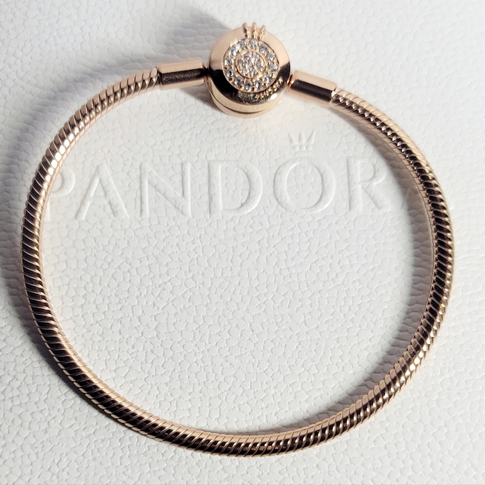 PANDORA Moments Sparkling Crown O Pavé Clasp Snake Chain Rose Gold Bracelet 7.1" - Picture 3 of 4